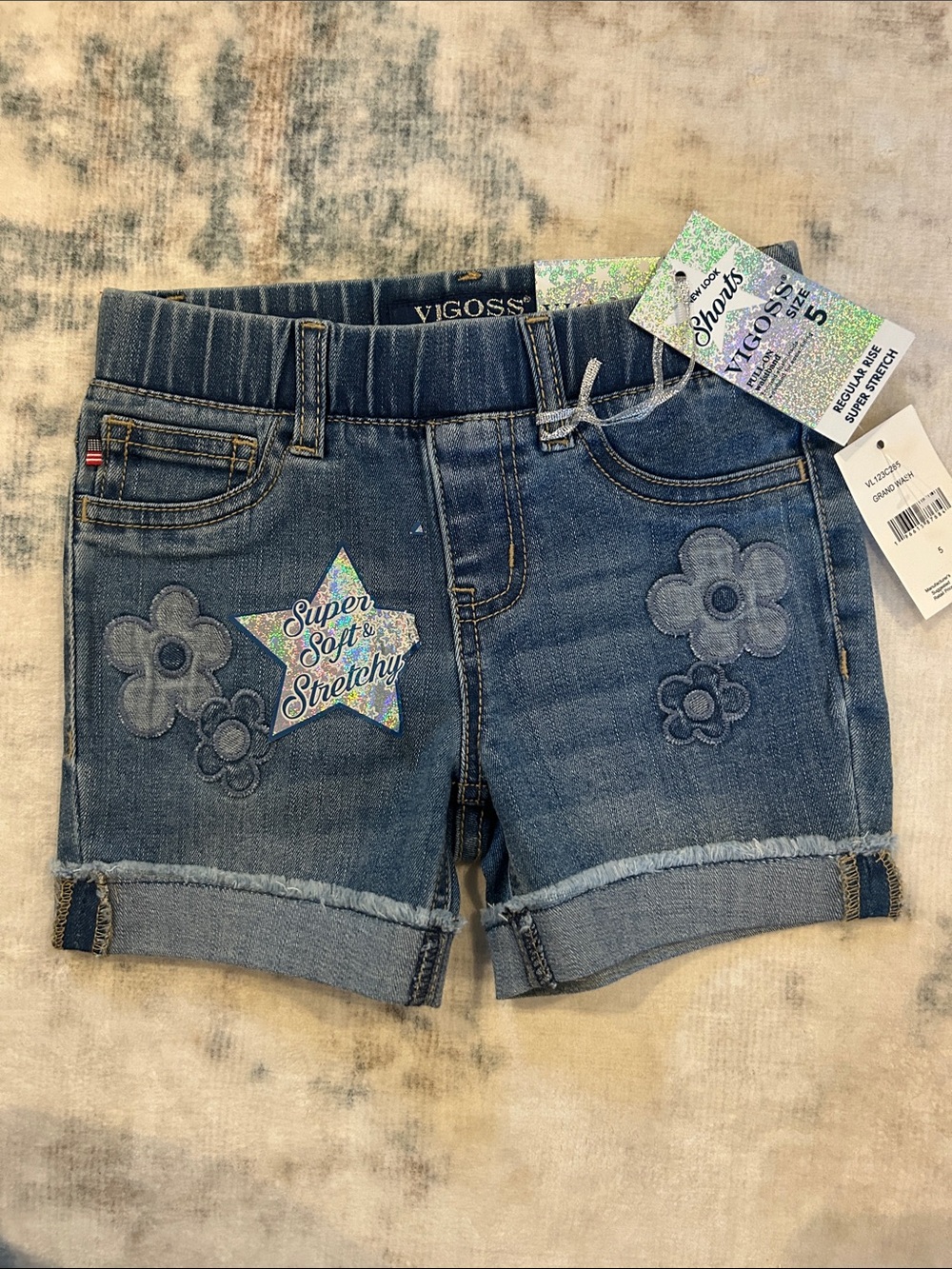 Vigoss Blue Denim Girls Shorts with Floral Appliqués